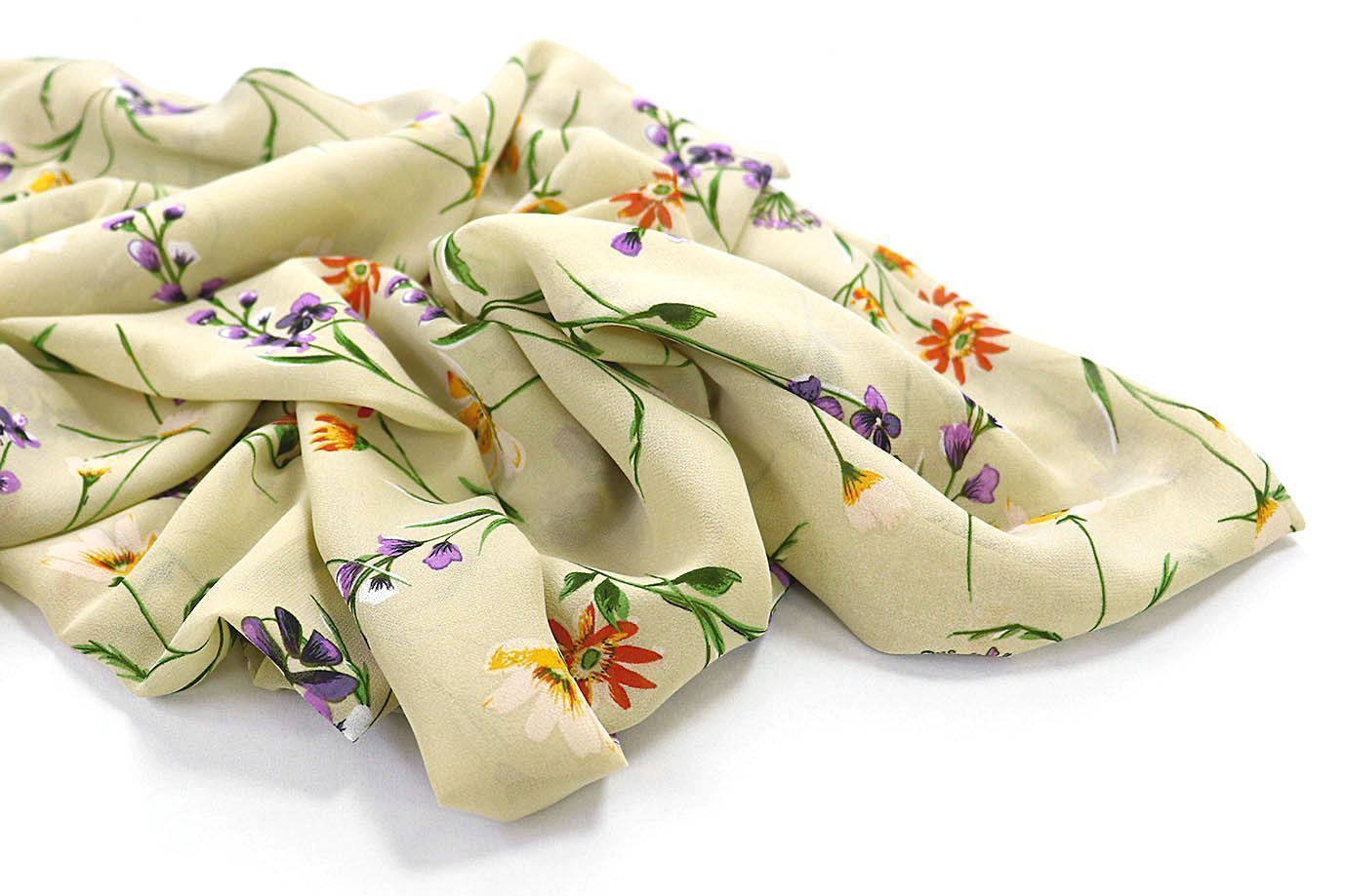 Шифон принт/цветы желто-фиолетовые на горчичном 3707-PY/D#2/C#1