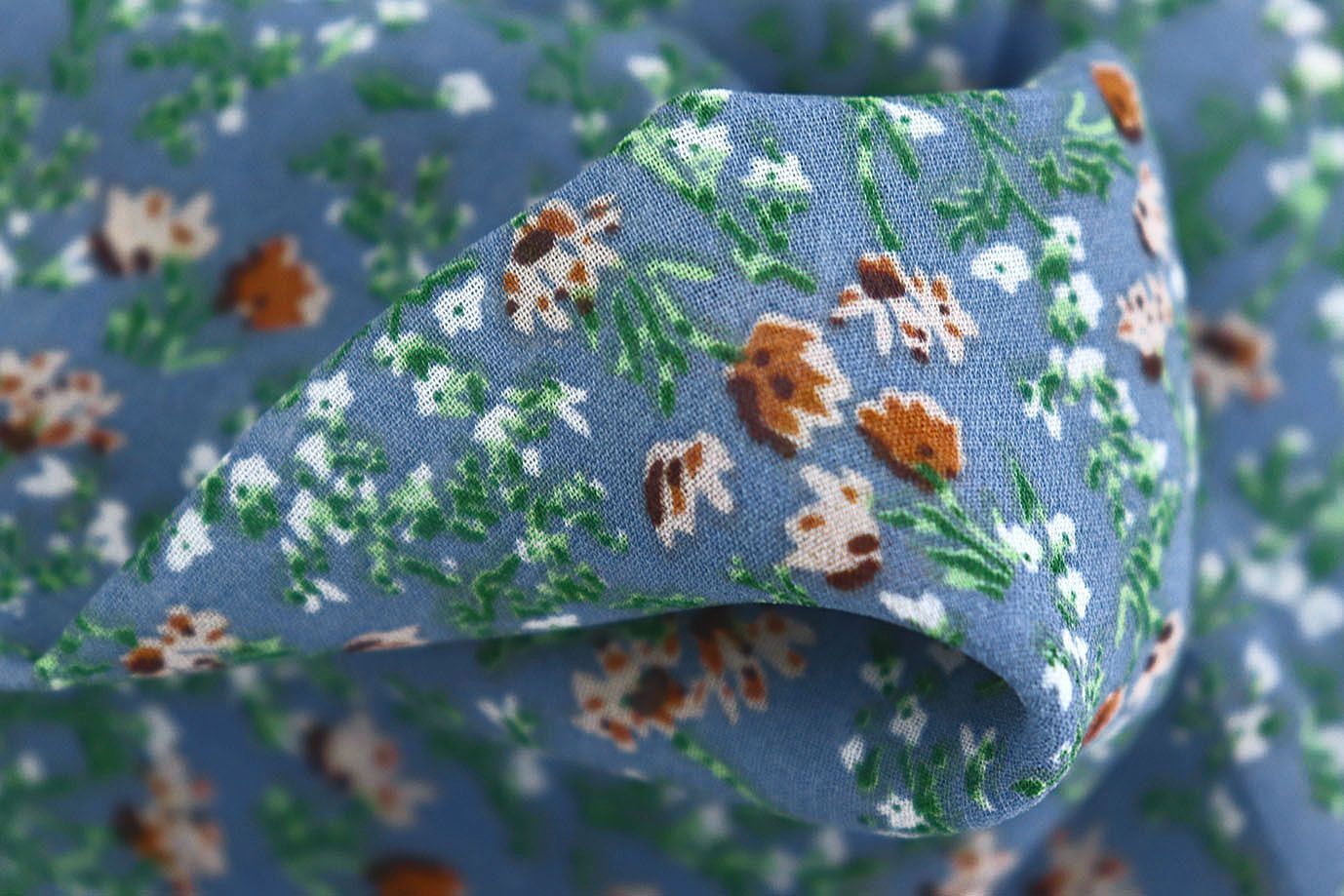 Шифон принт/цветы коричнево-зеленые на светло-синем 3707-PY/D#6/C#1