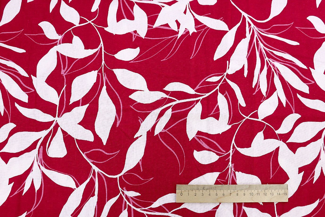 Лен принт/листья белые на красном 3859-PY/D#1/C#4