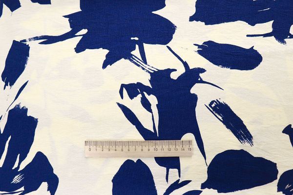 Лен БОХО принт/цветы синие на молочном 4077-PY/D#1/C#3