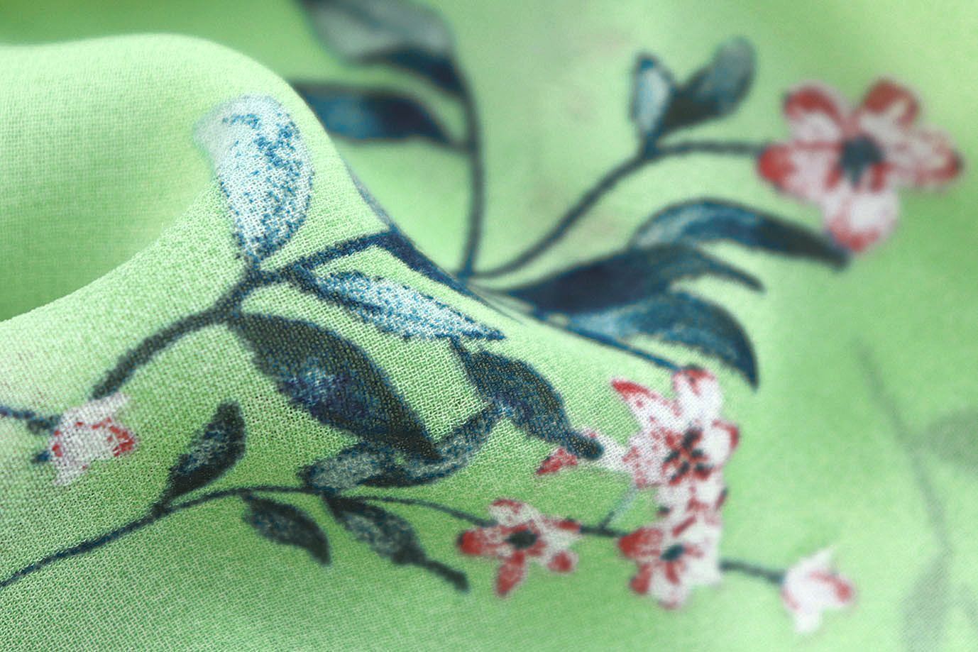 Шифон принт/цветы бело-коричневые на светло-зеленом 3707-PY/D#39/C#2