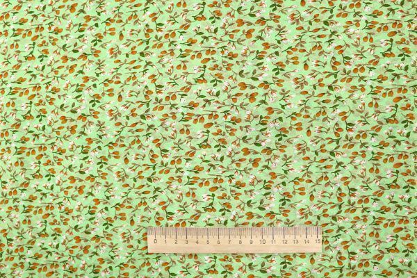 Шифон принт/цветы оранжево-белые на светло-зеленом 3707-PY/D#11/C#1