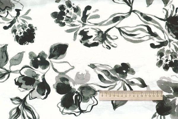 Лен БОХО принт/цветы голубовато-серые на белом 4075-PY/D#2/C#1