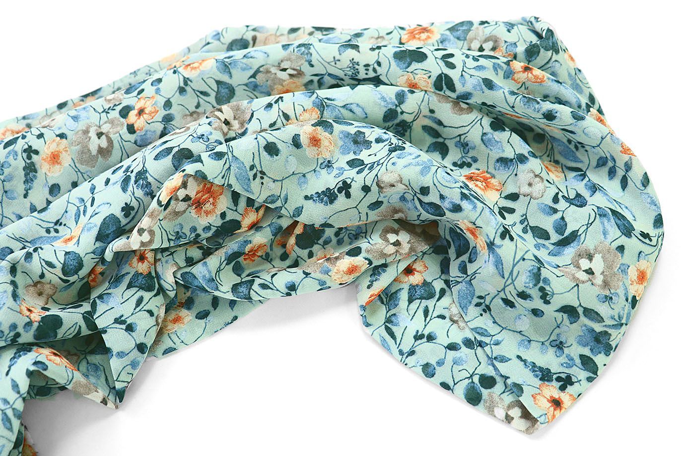 Шифон принт/цветы сине-оранжевые на мятном 3707-PY/D#58/C#4