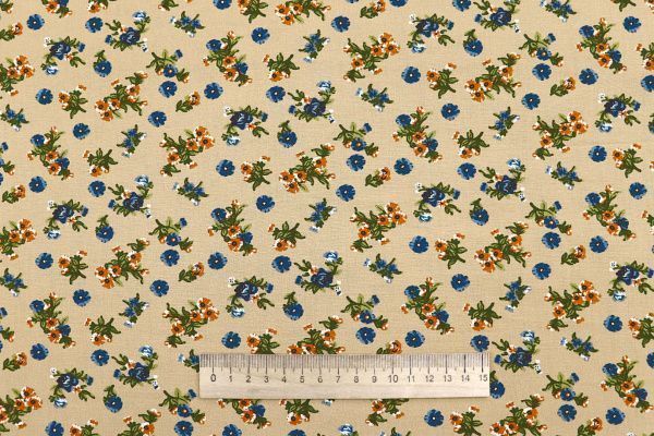 Штапель принт/цветы сине-зеленые на арахисовом 4205-PY/D#1/C#5