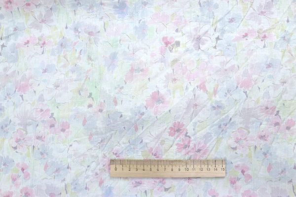 Лен "Медея" принт/цветы сине-розовые на белом 4098-PY/D#3/C#1