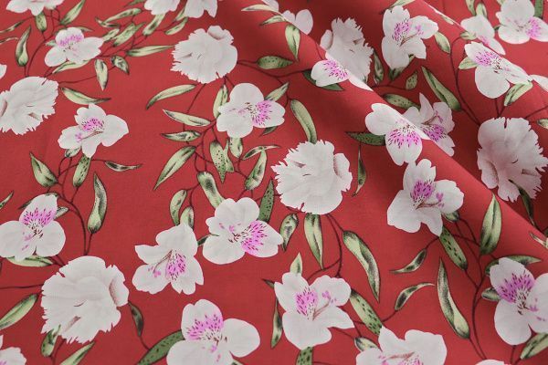 Штапель "Поплин" принт/цветы белые на коралловом 2953A-21-PY/D#9743-362/C#3