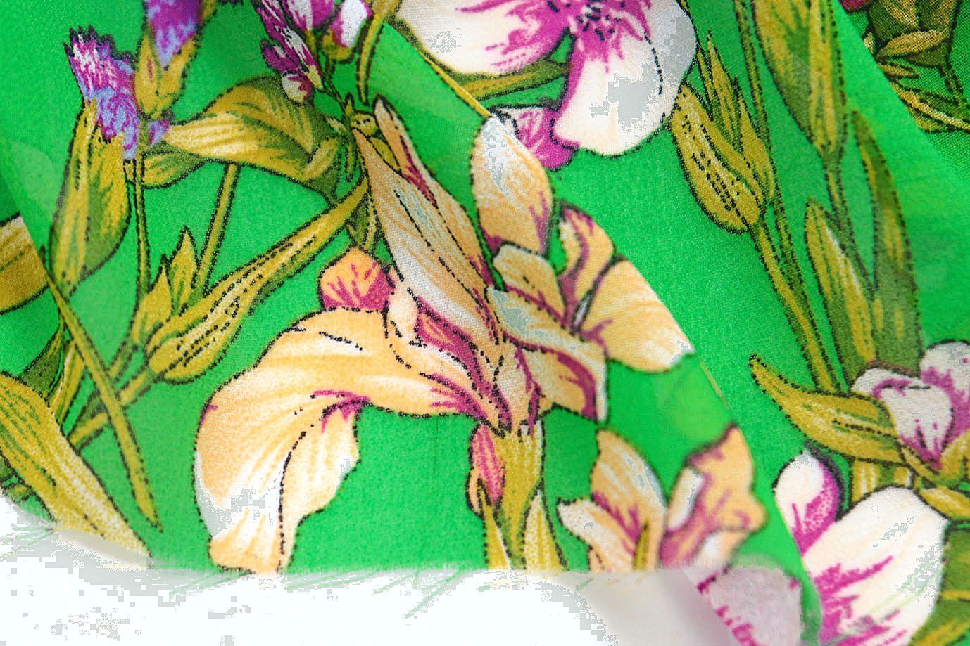 Шифон креп принт/цветы розово-желтые на зеленом 3639-PY/D#19/C#2
