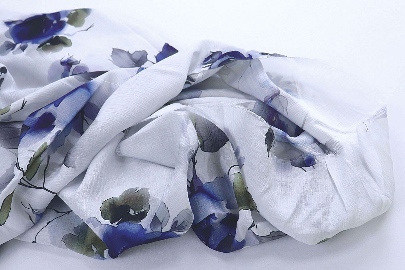 Лен "Медея" принт/цветы сине-болотные на белом 4097-PY/D#8/C#1