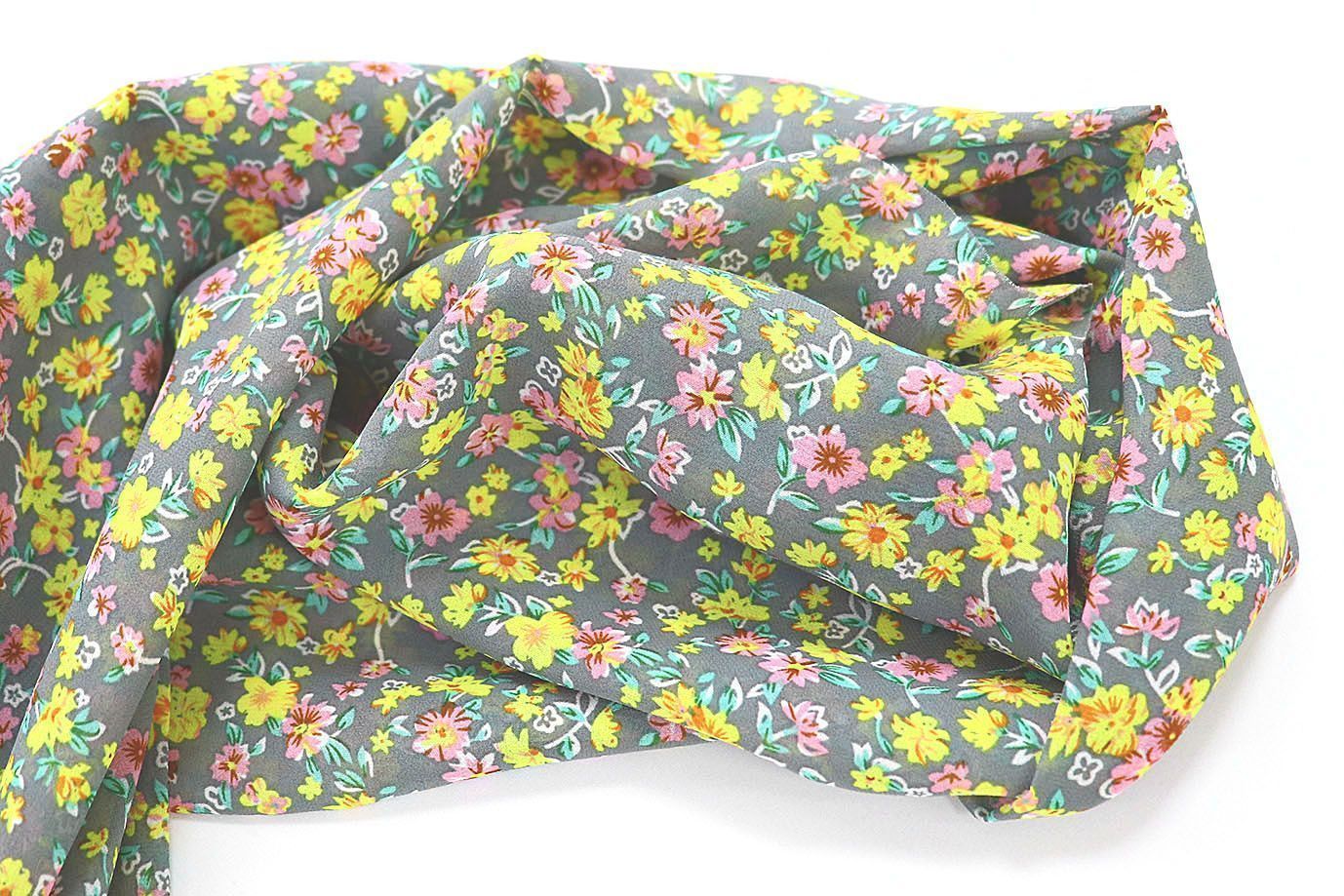 Шифон принт/цветы желто-розовые на сером 3707-PY/D#42/C#1