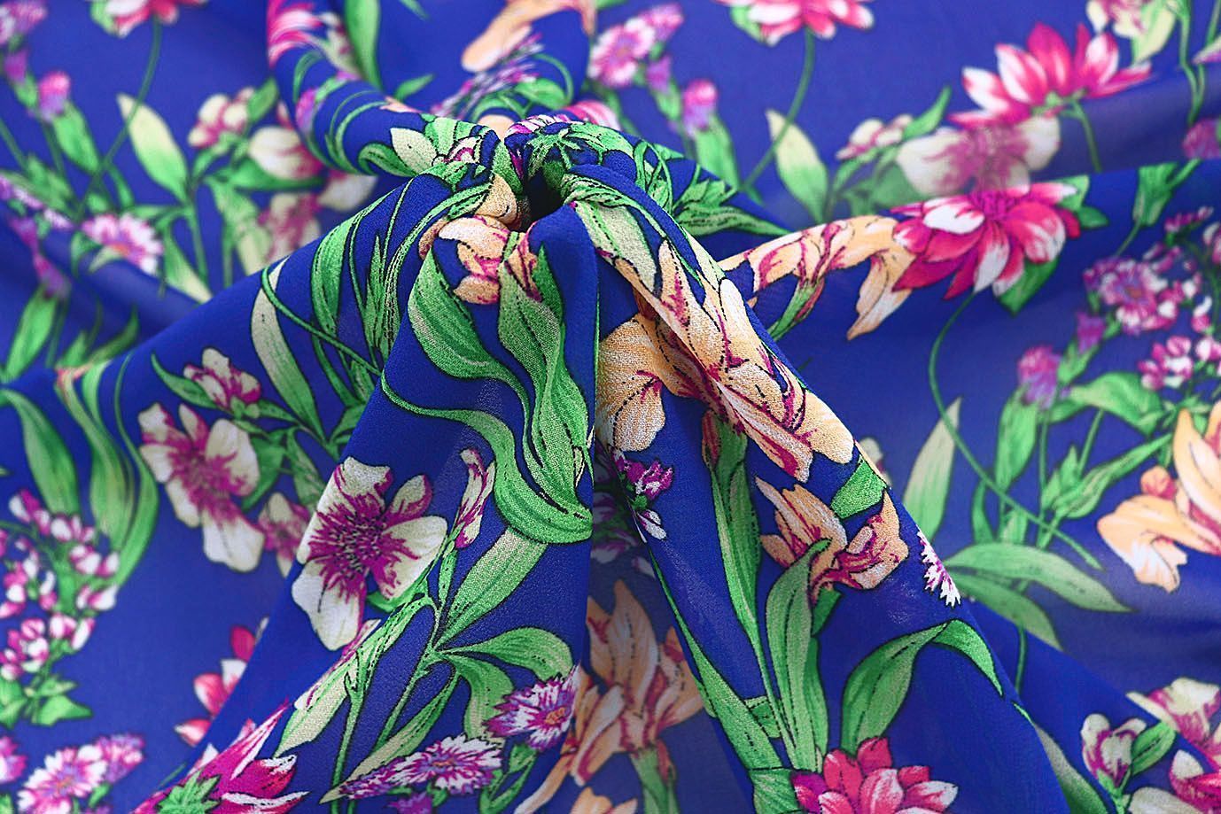 Шифон креп принт/цветы розово-желтые на синем 3639-PY/D#19/C#3