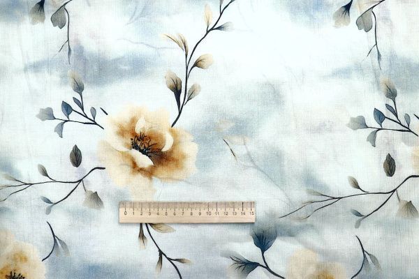 Лен "Медея" принт/цветы оранжевые на лазурном 4097-PY/D#5/C#1