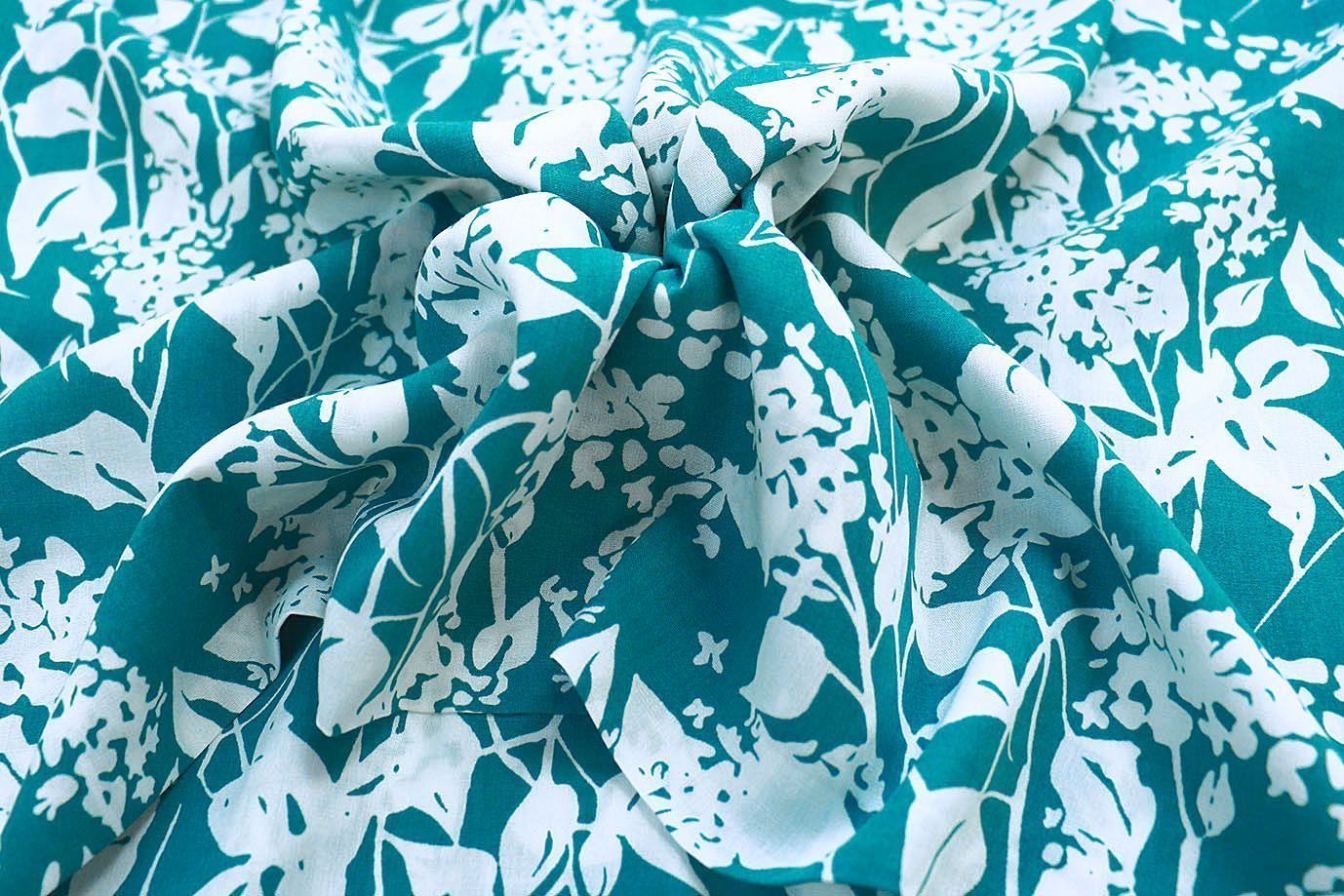 Штапель принт/цветы белые на бирюзовом 1374-PY/D#4/C#7