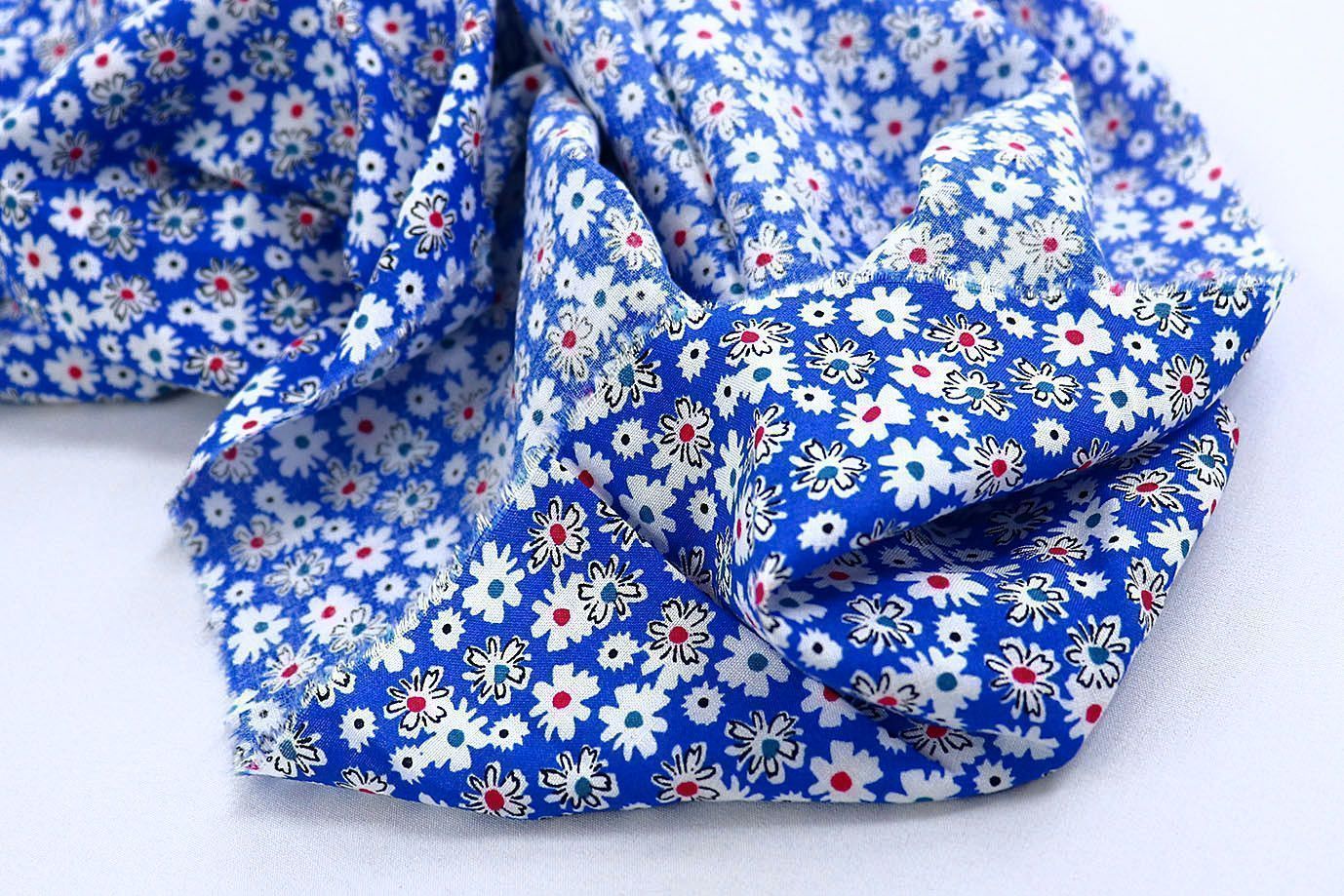 Штапель принт/цветы белые на синем 1374-PY/D#49/C#1