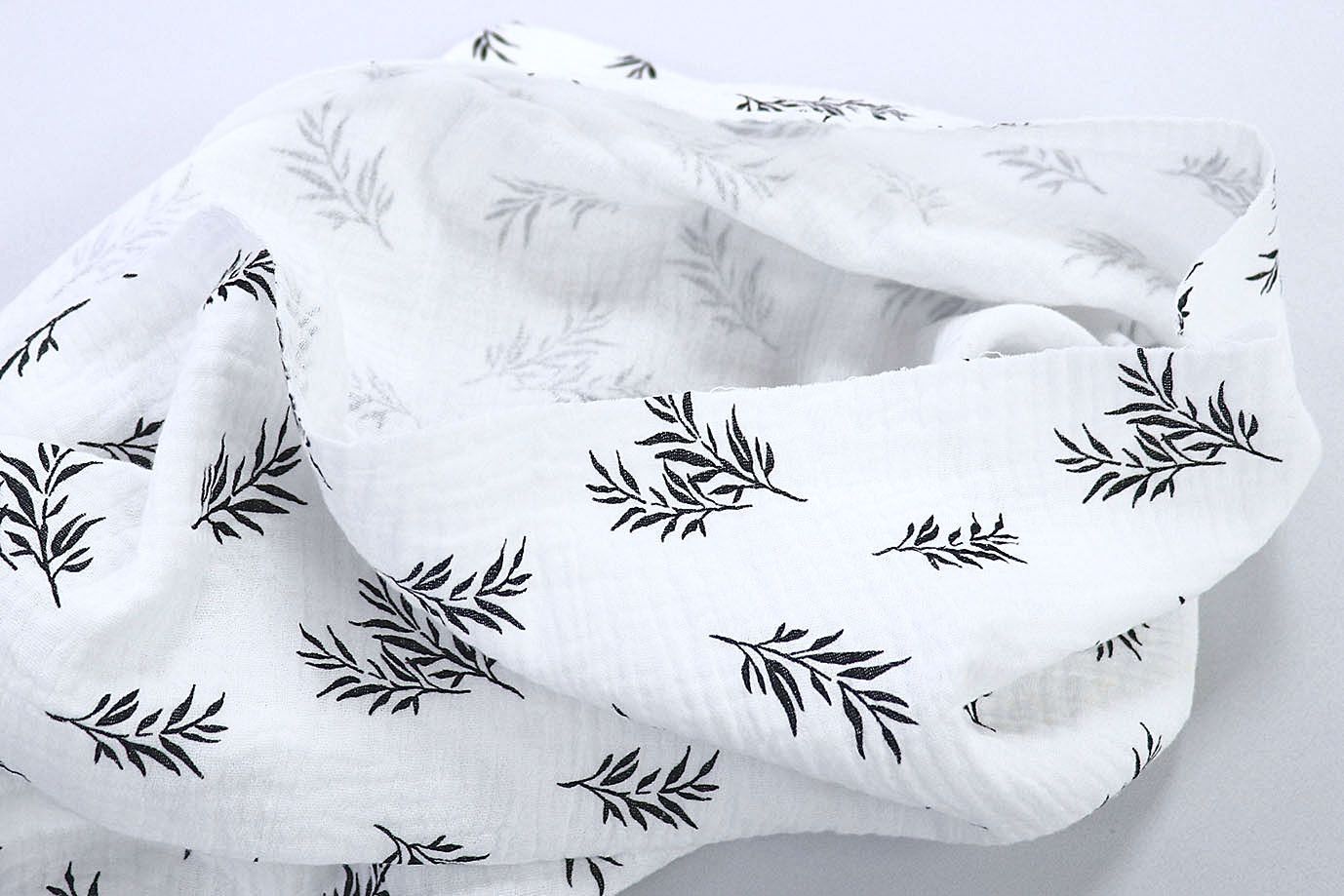 Муслин принт/листья черные на белом 1393-PY/D#14/C#3