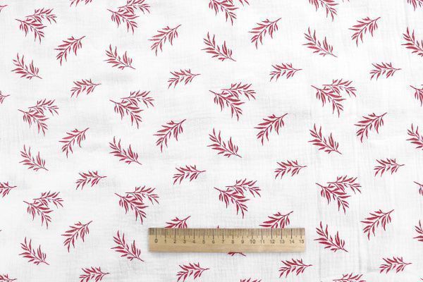 Муслин принт/листья красные на белом 1393-PY/D#14/C#1
