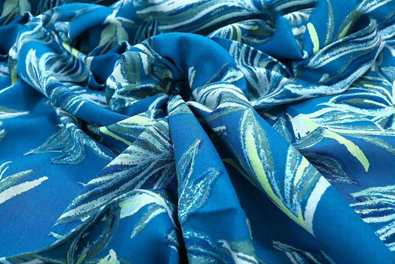 Лен принт/листья зелено-голубые на синем 3852-PY/D#1/C#3