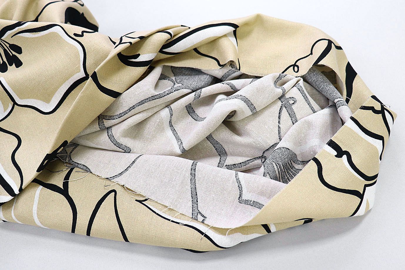 Лен принт/цветы черно-белые на бежевом 3852-PY/D#2/C#1