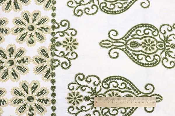 Лен БОХО принт/узор зелено-бежевый на белом 3857-PY/D#3/C#2