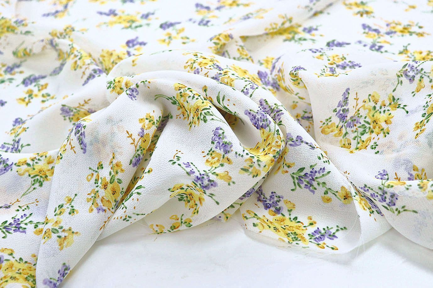 Шифон принт/цветы желто-фиолетовые на белом 3926-PY/D#1/C#3