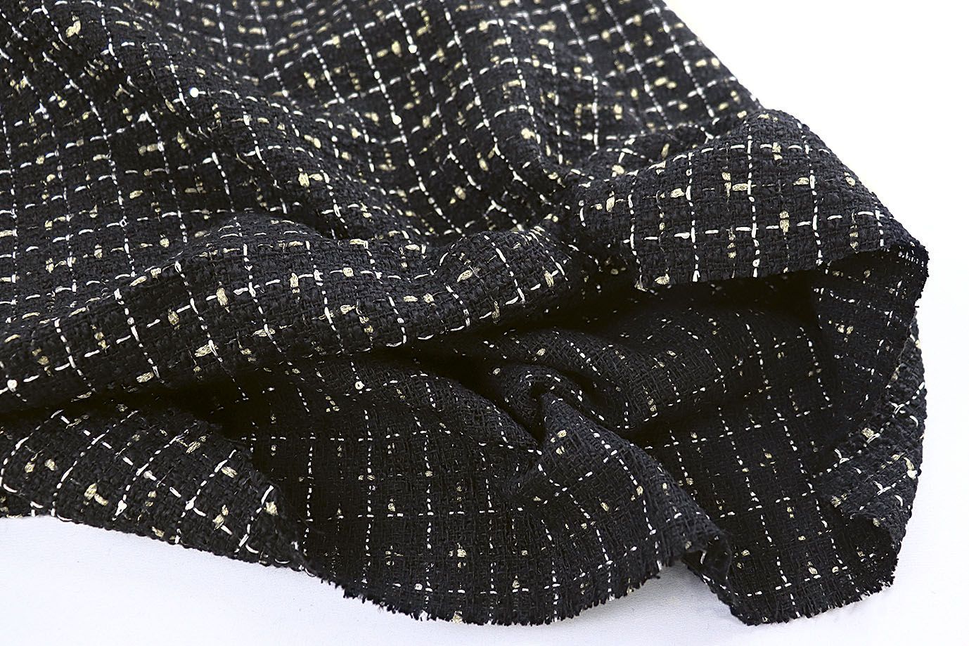 Костюмная ткань "Шанель" с люрексом и пайетками/бело-желтый на черном 1423-PY/C#1
