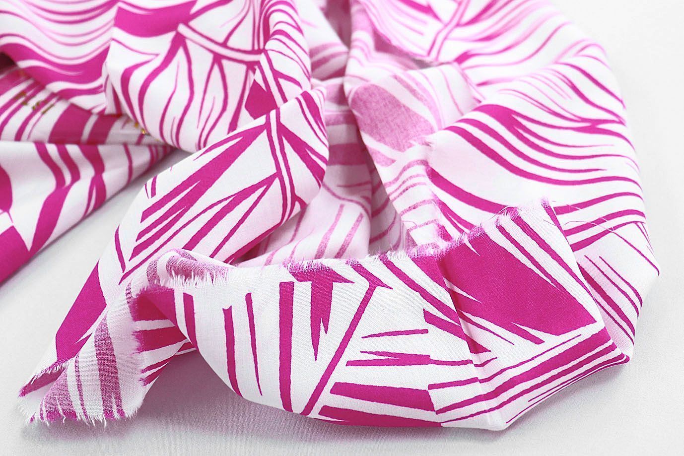 Штапель принт/листья бело-малиновые 1374-PY/D#21/C#1