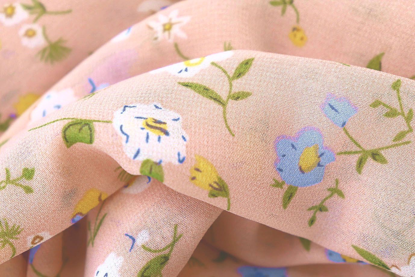 Шифон принт/цветы бело-сиреневые на персиковом 3707-PY/D#54/C#2