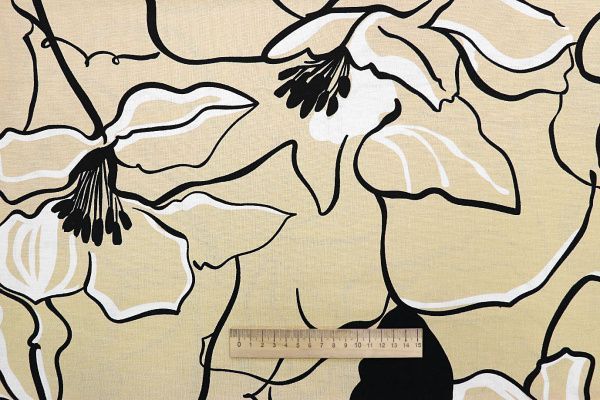Лен принт/цветы черно-белые на бежевом 3852-PY/D#2/C#1