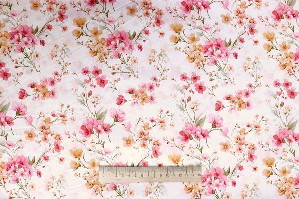 Штапель шелк принт/цветы розово-оранжевые на белом 4113-PY/D#3/C#1