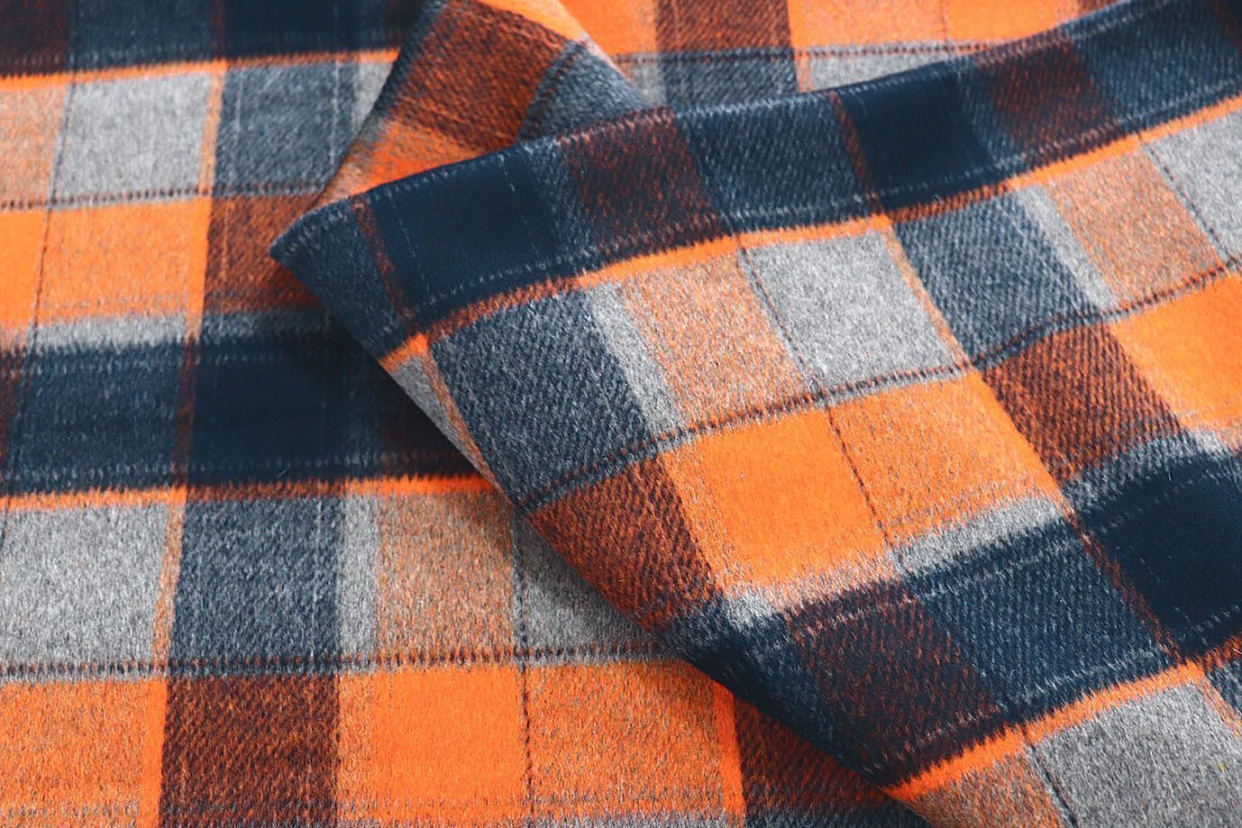 Пальтовая ткань "Микроворса" принт/клетка сине-оранжевая на сером 1150-21527/C#7 (3082)