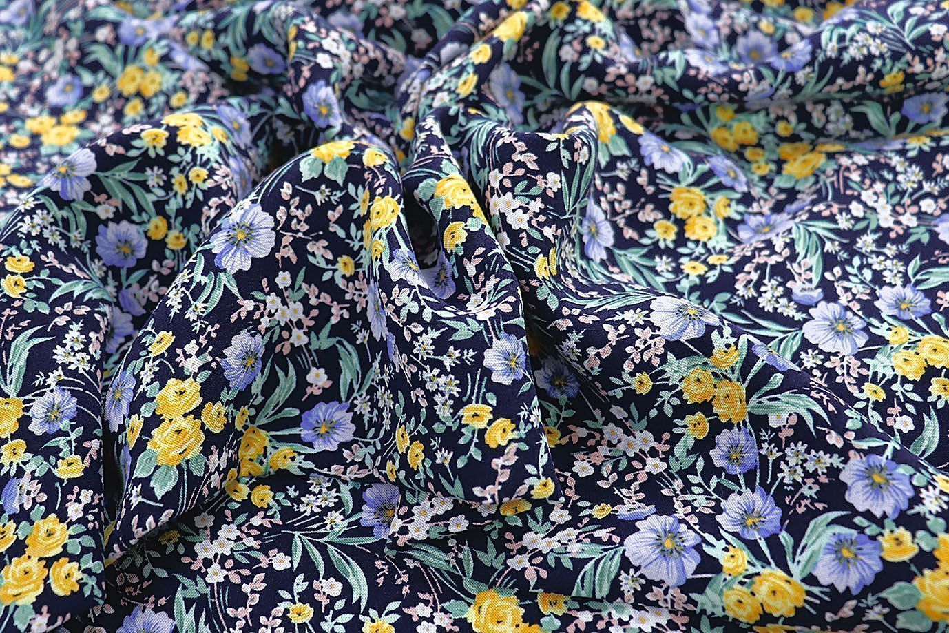 Штапель принт/цветы сине-желтые на черном 3892-PY/D#10/C#1