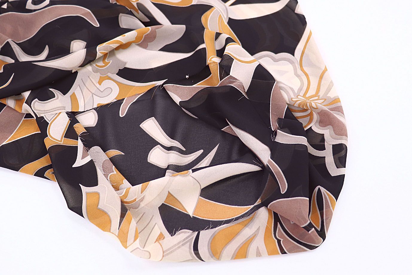 Шифон креп принт/цветы оранжево-бежевые на черном 3617-PY/D#8/C#1