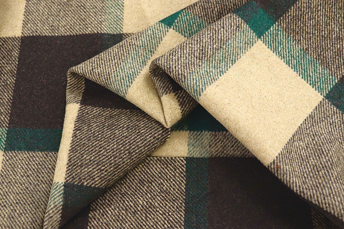 Пальтовая ткань "Микроворса" принт/клетка коричнево-зеленая на бежевом 778-90135/C#8033-7