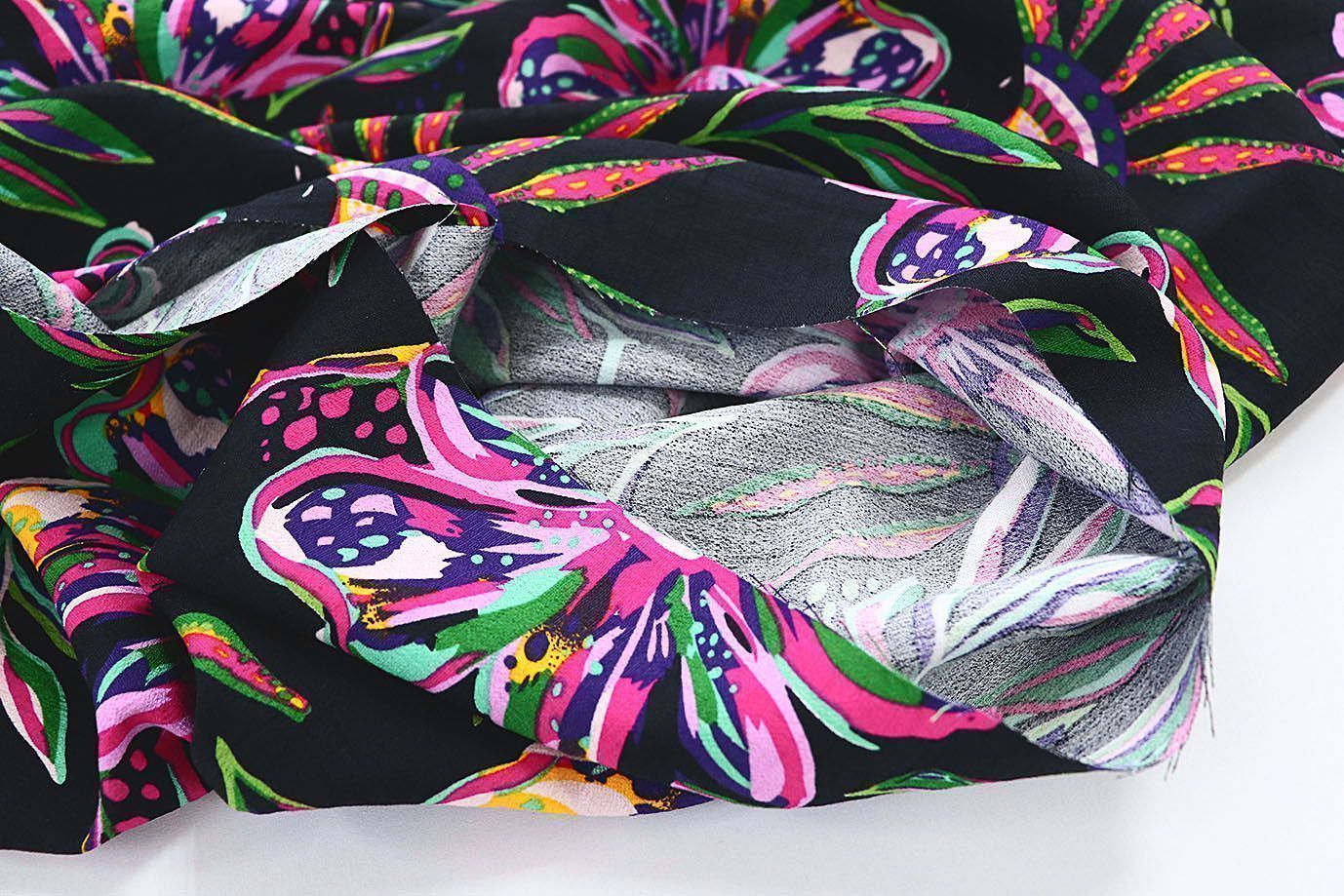 Лен БОХО принт/цветы розово-зеленые на черном 3637-PY/D#13/C#3 (11506)