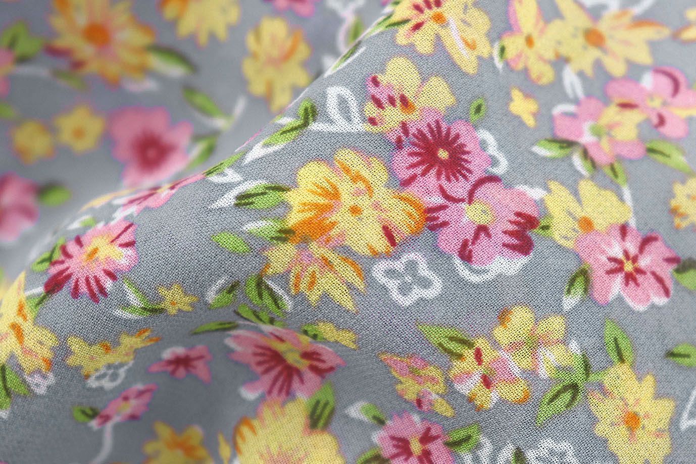 Шифон принт/цветы желто-розовые на сером 3707-PY/D#42/C#3