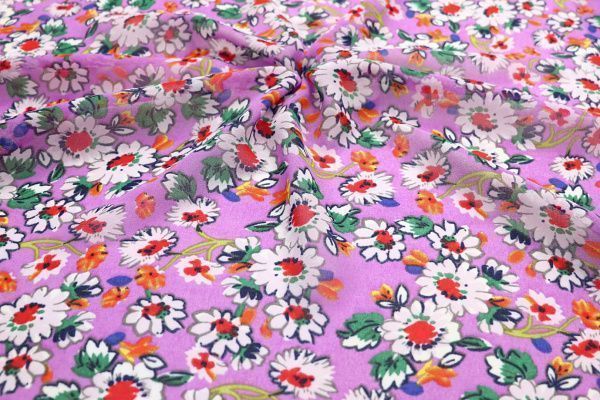 Шифон принт/цветы бело-коралловые на сиреневом 2923-20-PY/D#10/C#2