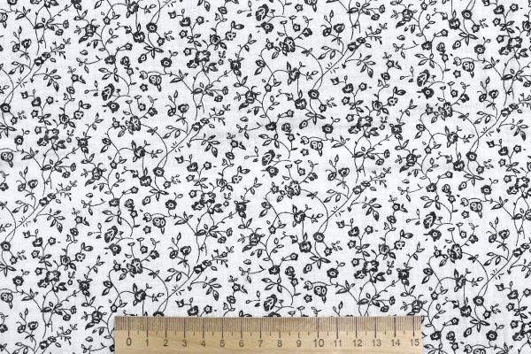 Муслин принт/цветы черные на белом 1393-PY/D#11/C#2