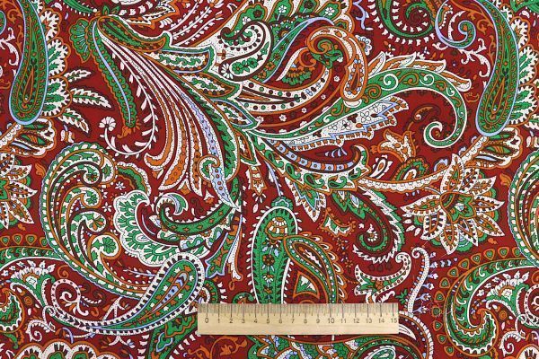 Штапель принт/узор зелоно-оранжевый на красном 1374-PY/D#46/C#5