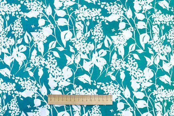Штапель принт/цветы белые на бирюзовом 1374-PY/D#4/C#7