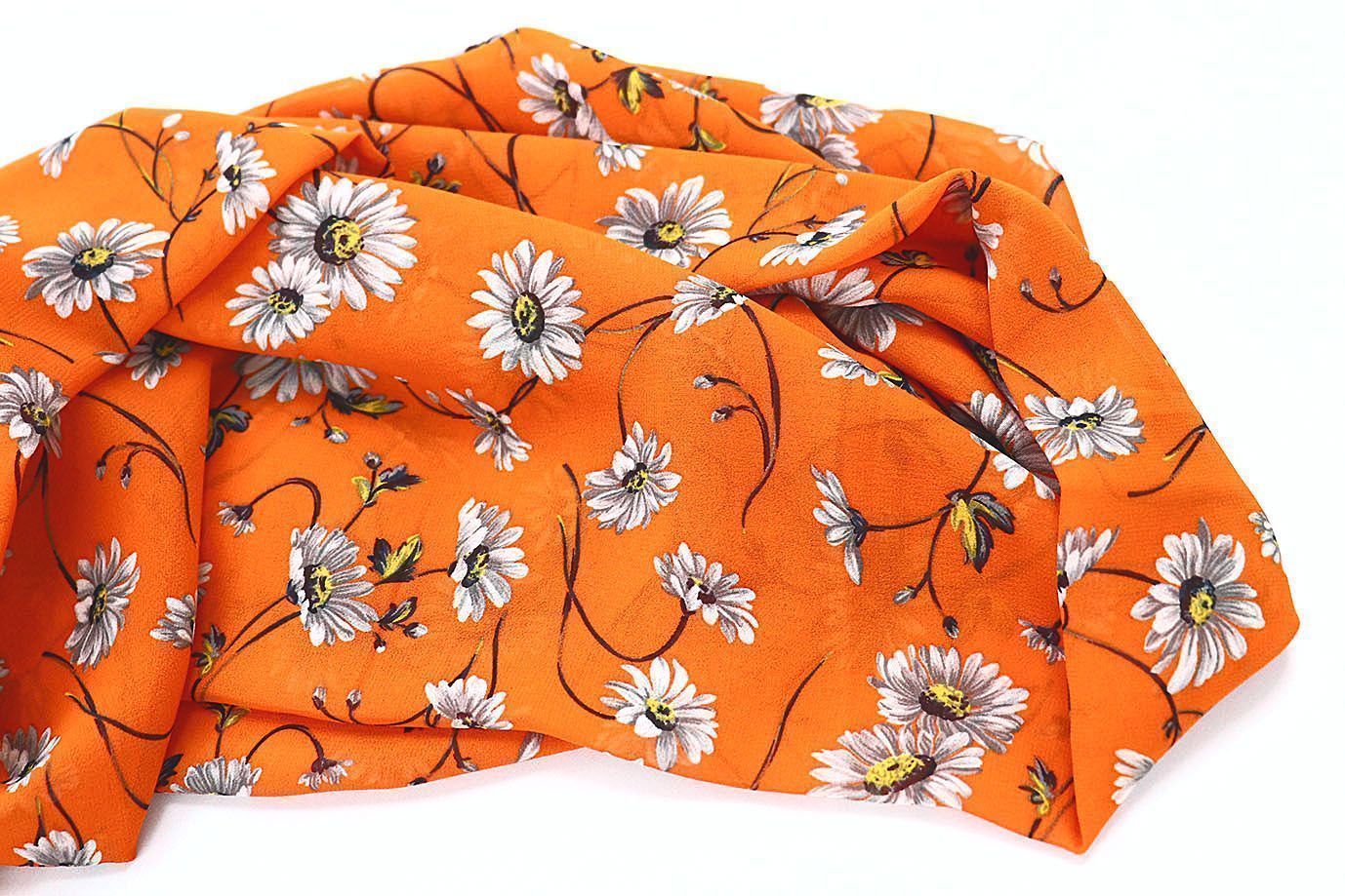 Шифон принт/цветы серо-белые на оранжевом 3707-PY/D#56/C#4