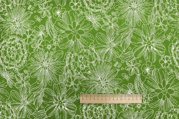 Штапель принт/цветы белые на зеленом 1374-PY/D#25/C#6