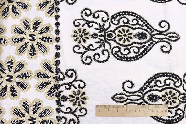 Лен БОХО принт/узор черно-бежевый на белом 3857-PY/D#3/C#3