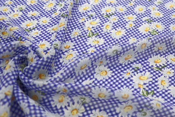 Шифон принт/цветы белые на клетке синей 2923-20-PY/D#3/C#2