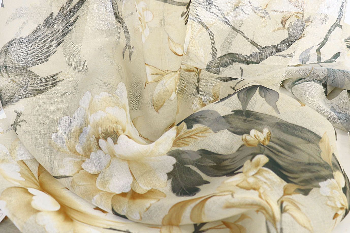Тюль принт/цветы серо-желтые на бежевом 1520-8/C#Grey