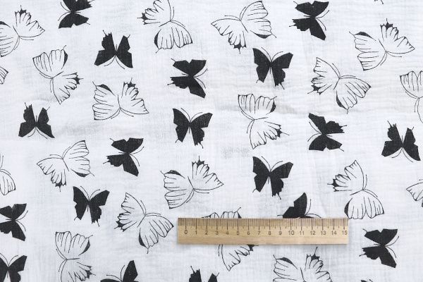 Муслин принт/бабочки черные на белом 1393-PY/D#12/C#1