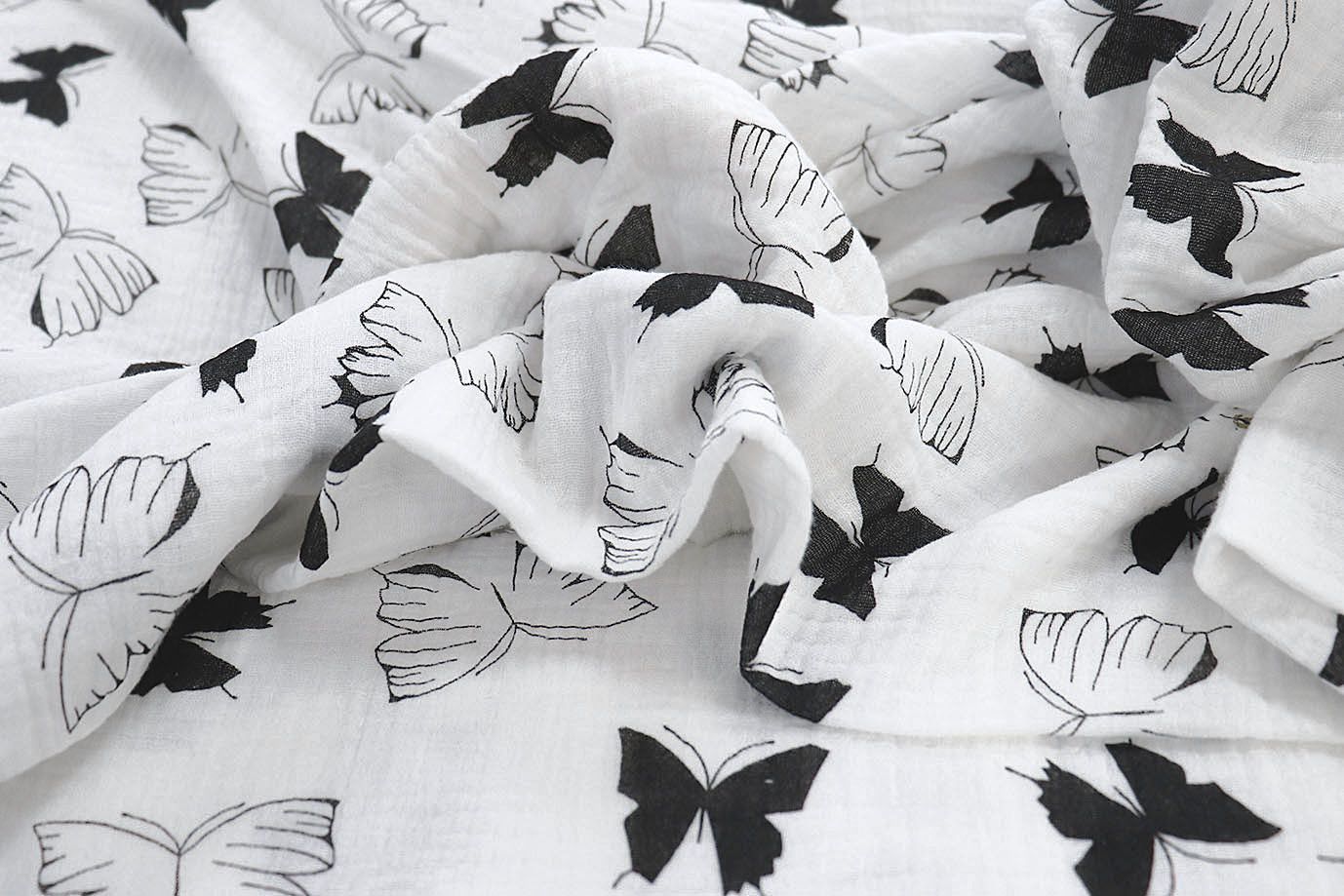 Муслин принт/бабочки черные на белом 1393-PY/D#12/C#1