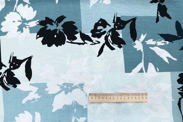 Лен БОХО принт/цветы черно-белые на серо-голубом 4077-PY/D#22/C#2