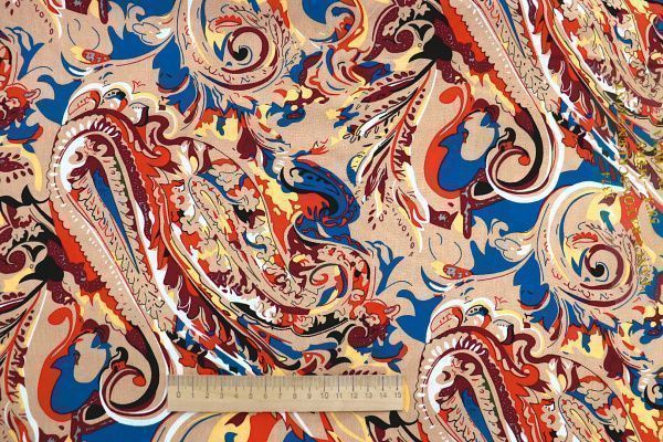 Штапель принт/узор сине-оранжевый на бежевом 1374-PY/D#2/C#2