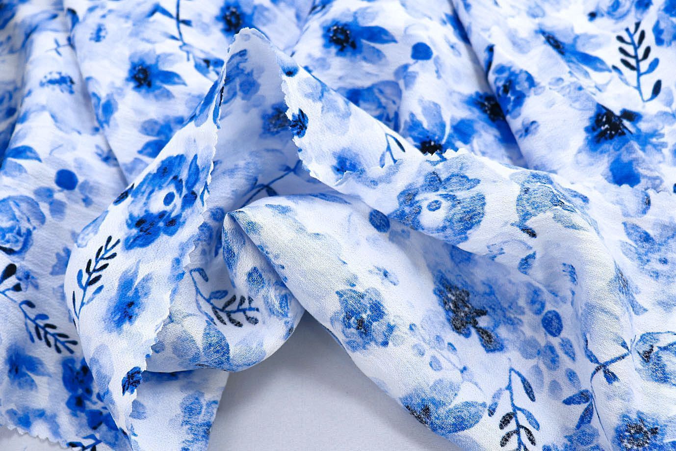 Лен БОХО принт/цветы синие на белом 3879-PY/D#6/C#1