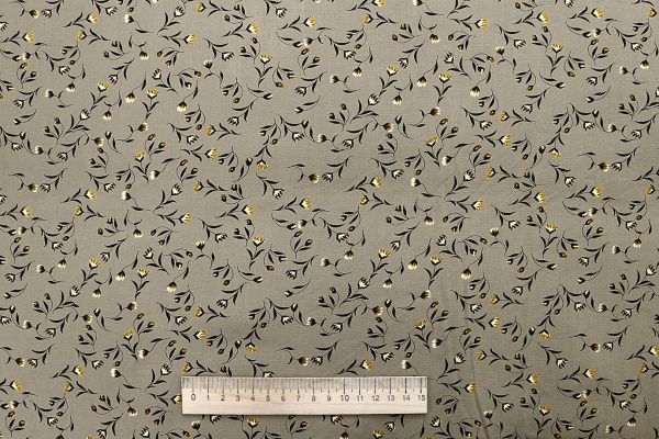 Штапель принт/цветы желто-черные на желтовато-сером 1443-PY/D#1/C#5